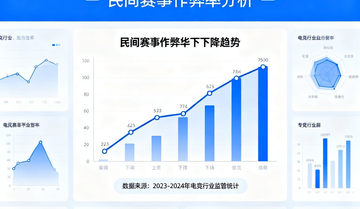 一份数据图表丰富的电竞行业报告封面，显示民间赛事作弊率同比下降趋势图