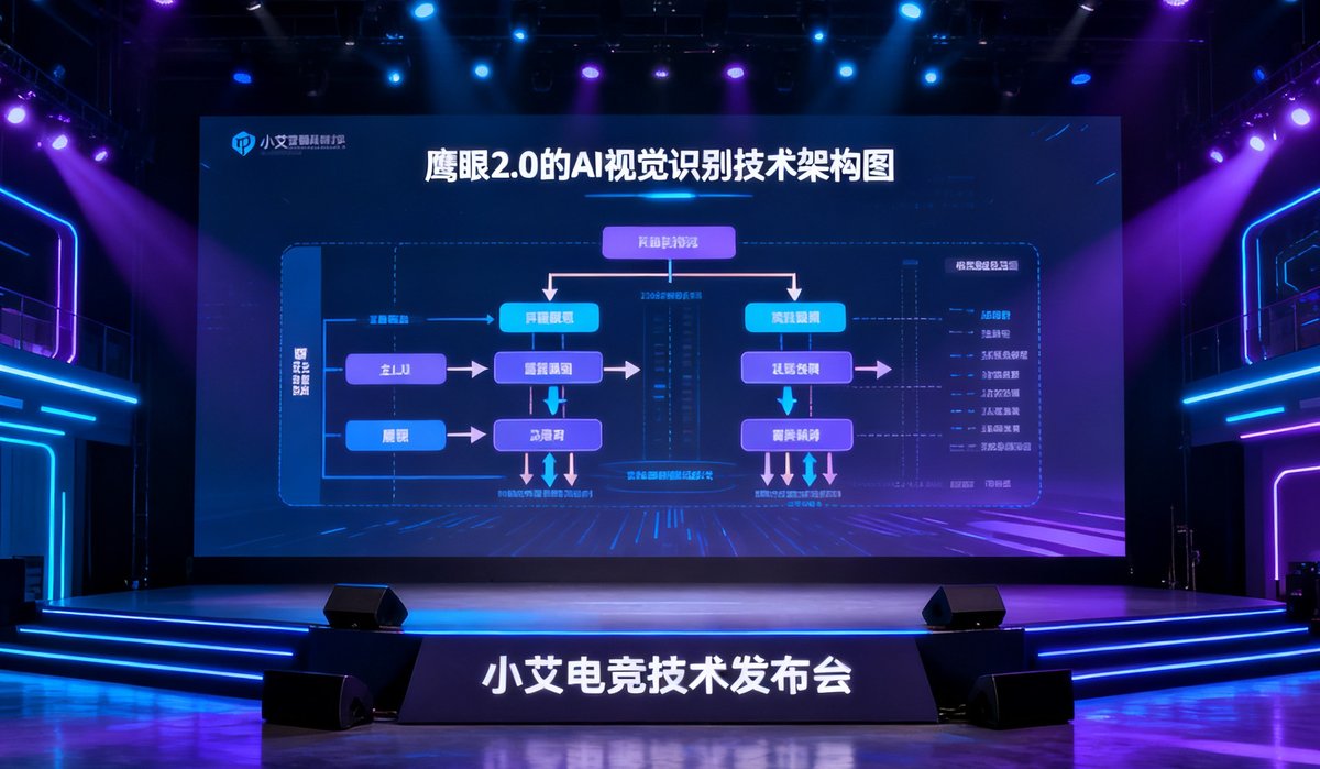 小艾电竞技术发布会的舞台场景，大屏幕上展示着鹰眼2.0的AI视觉识别技术架构图