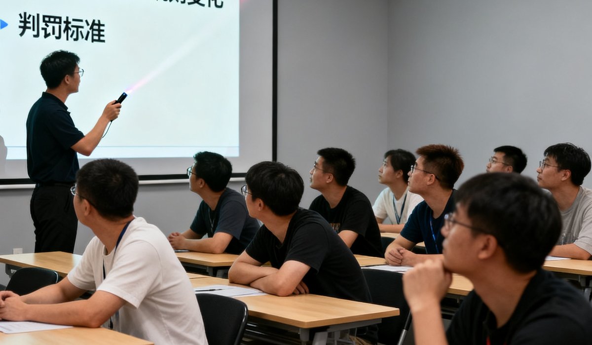 一群学员在培训教室认真听讲，讲师正在大屏幕前讲解最新游戏版本规则变化和判罚标准