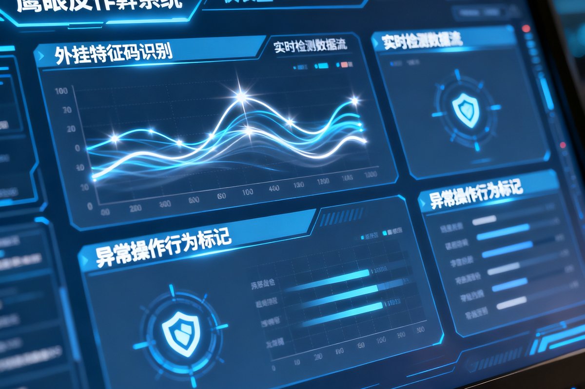 鹰眼反作弊系统仪表盘界面显示实时检测数据流，包含外挂特征码识别、异常操作行为标记等模块