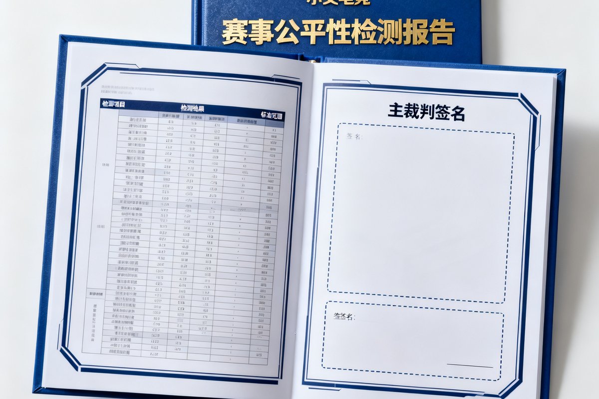 一份精美的赛事公平性报告样本，封面印有小艾电竞金色Logo，内页包含详细检测数据和裁判签名栏