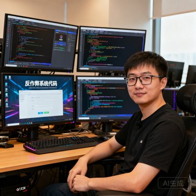 小艾电竞CTO王思远的工作照，戴着眼镜坐在多台显示器前，屏幕上显示着反作弊系统代码界面